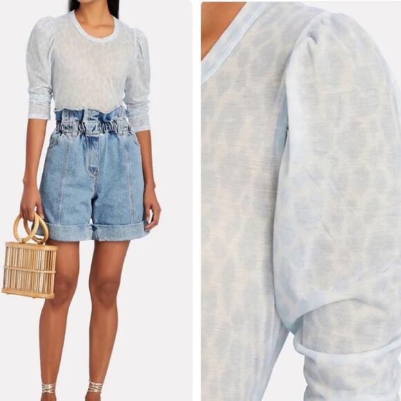 A.L.C. Karlie Puff Sleeve Spotted Leopard Baby Blue Top - Picture 1 of 15